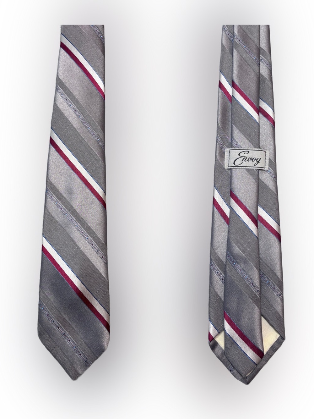 Vintage Gray Striped Men's Tie with Burgundy & White Accents